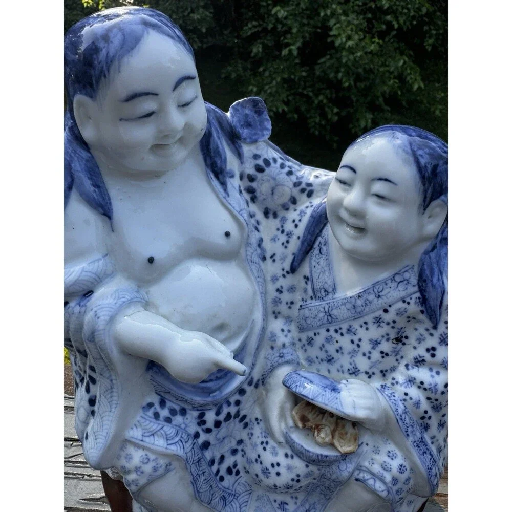 Vintage Hotei Ceramic Figurine w/ Child - Japanese Lucky God - Blue/White 10.5”